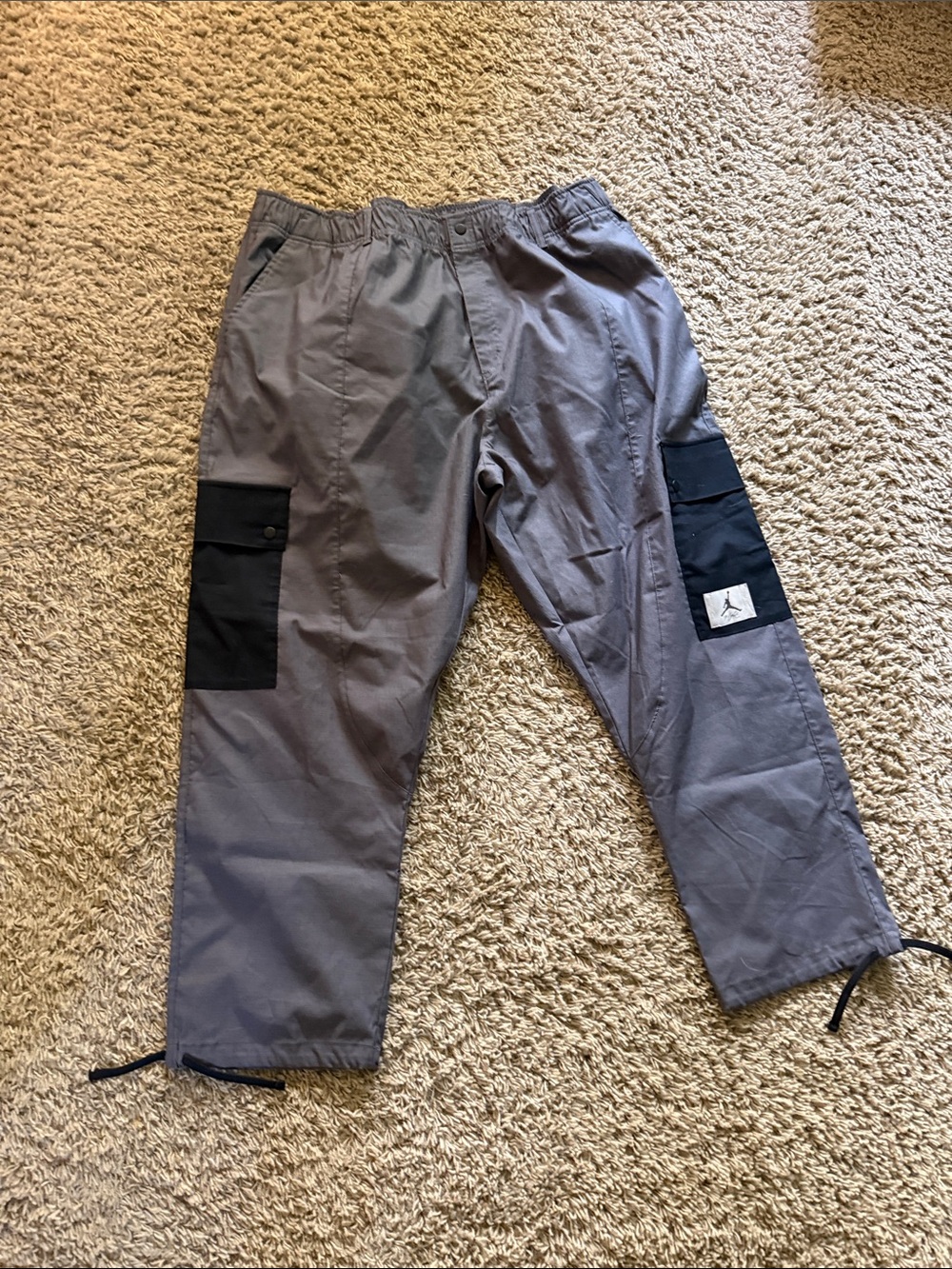 Jordan Gray Cargo Pants with Black Pocket Panels and Drawstring Hems